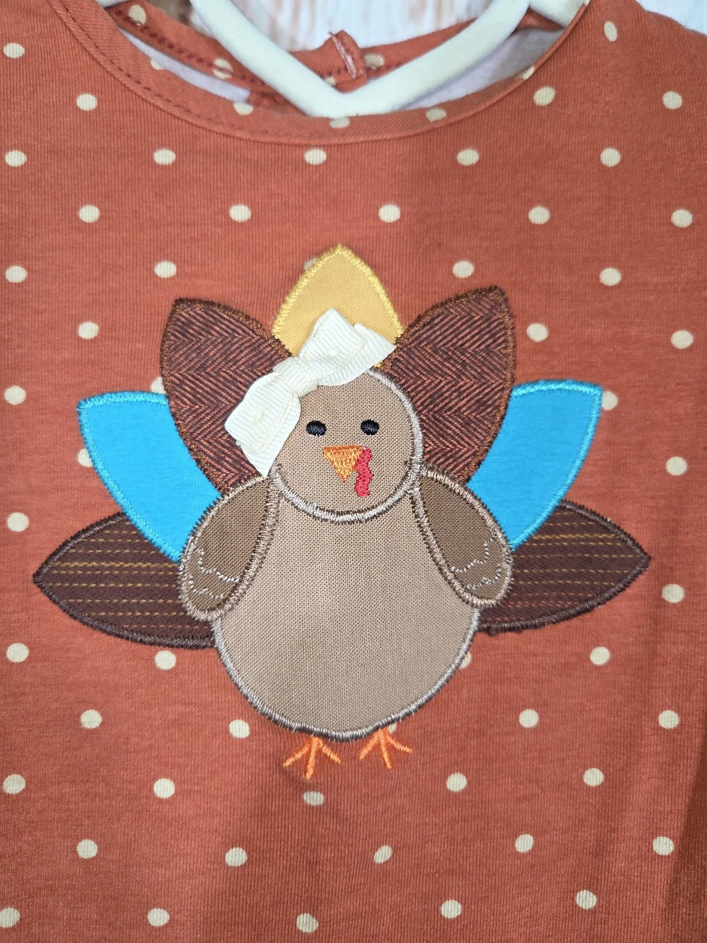Ricrac & Ruffles Boutique Rust Polka Dot Turkey Applique Ruffle One-Piece. 12M